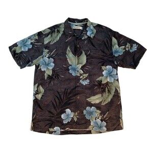 Tommy Bahama Men's size L Brown & Blue Hibiscus Silk Shirt Short Sleeve